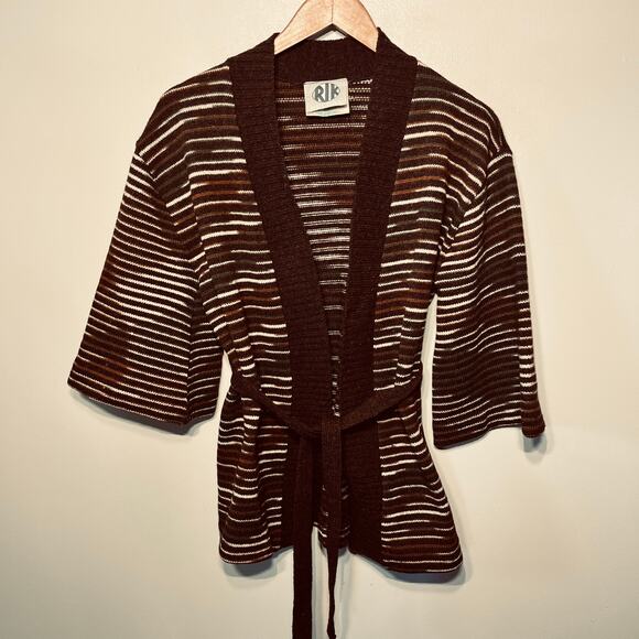 RlK Reldan VTG Sweater Shetland Pure Wool Brown Striped Belted Cardigan Fall S - Picture 1 of 7